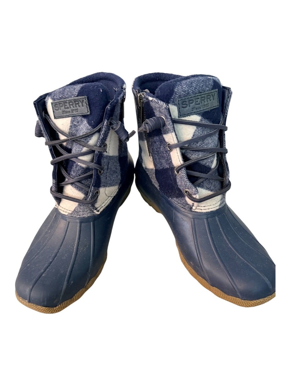 Sperry Navy and White Plaid Waterproof Duck Boots fall flannel cozy